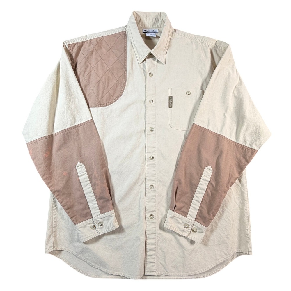 Columbia Mens Shooting Shirt Beige Tan Quilted Shoulder Patch Cotton Size L